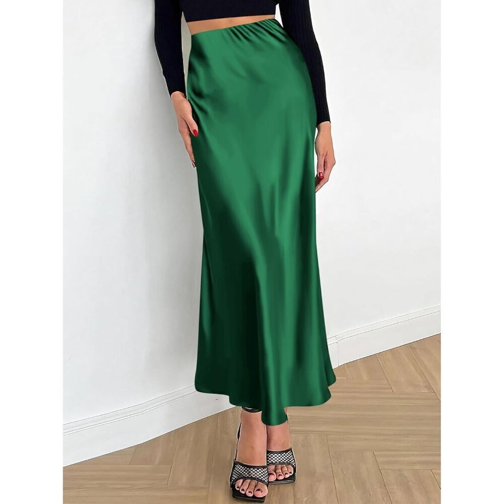 Elegant Satin Maxi Skirt for Women High Waisted Deep Green Silk Dressy Casul - Picture 4 of 7